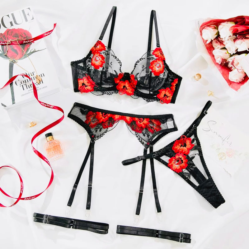 Midnight Flame Embroidered Lingerie Set / 006 | Women’s Lace & Embroidery Lingerie Set | Romantic Red & Black Bra & Panty Set | Sexy Embroidered Lace Underwear | Breathable Lace Bra Panty Set | Valentine’s & Holiday Lingerie Gift | Luxury Lace Intimates Women | Elegant Lace Set for Special Occasions | Soft & Supportive Women’s Lingerie